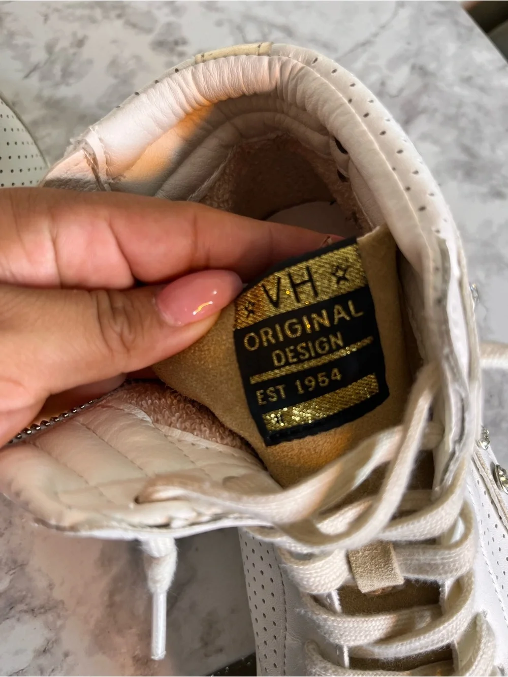 Vintage Cream & White High-Top Sneakers with Stud Accents
